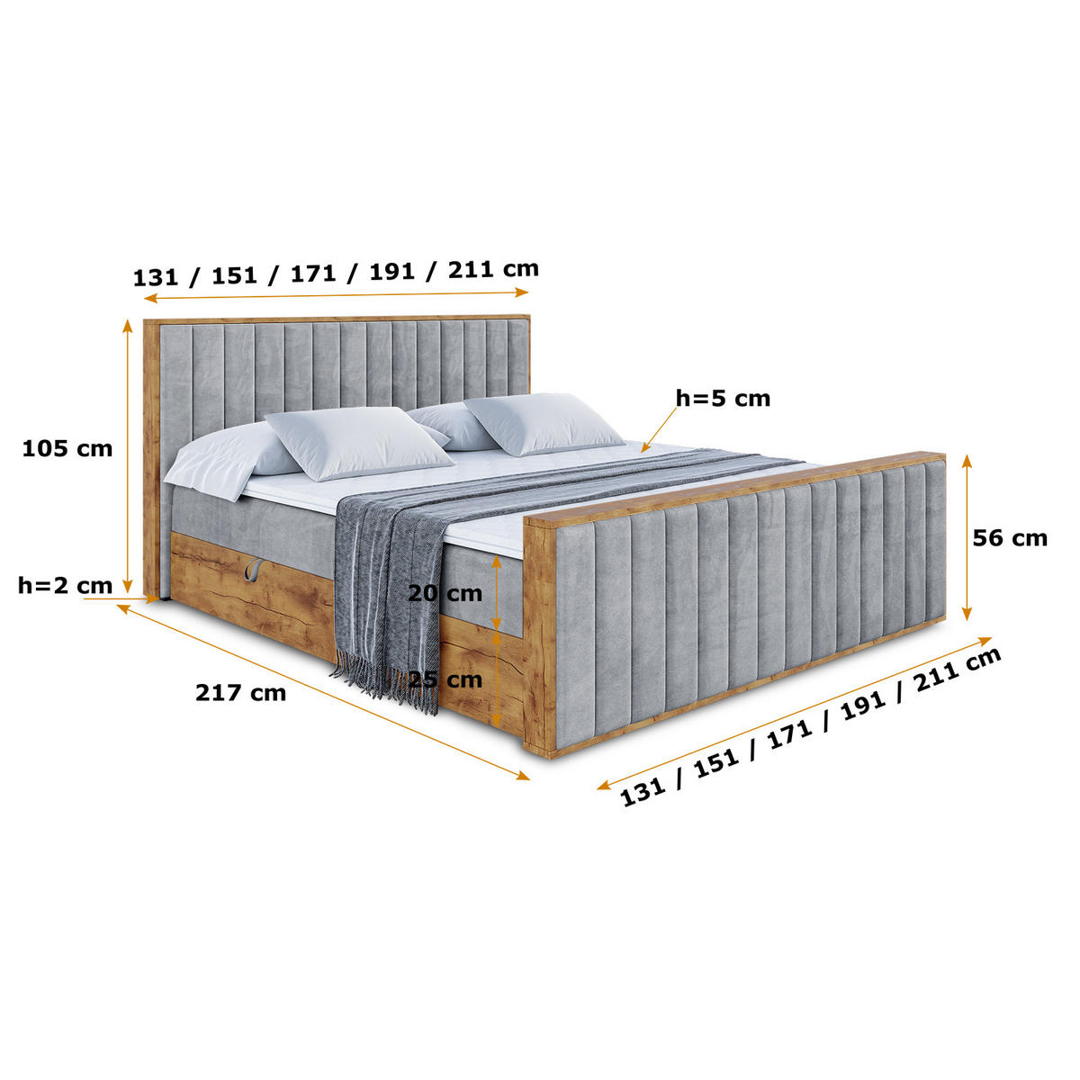 BOXBETT mit Matratze H4 und Lattenrost - LOLLI4-Z - 160x200 - Grau Casablanca - Grau, Holzwerkstoff (160/200cm) - ALTDECOR