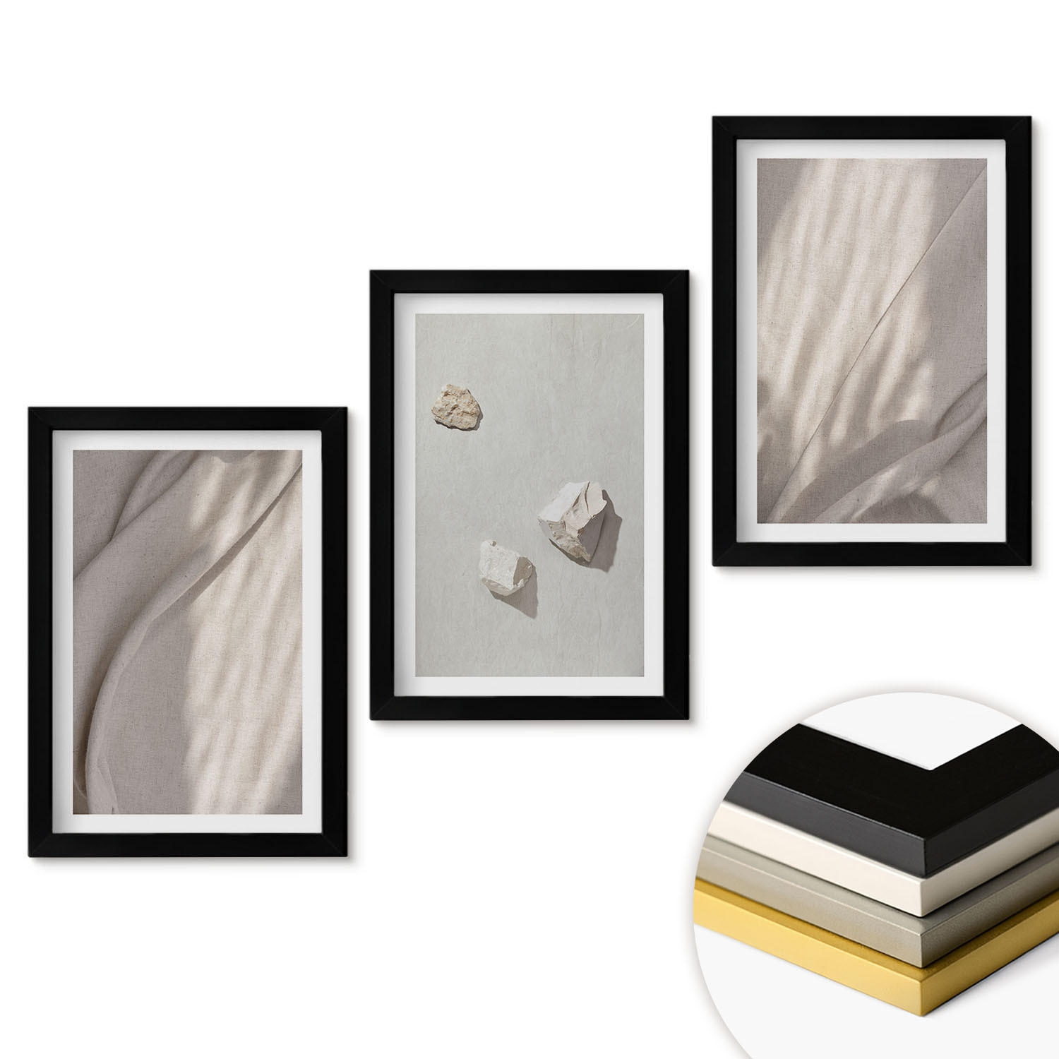 WANDBILDER 3er-Set - 20x30 cm Schwarzer Rahmen - Nahaufnahmen der Struktur im Boho-Stil - Schwarz, Kunststoff (20/30cm) - ArtPrintCave