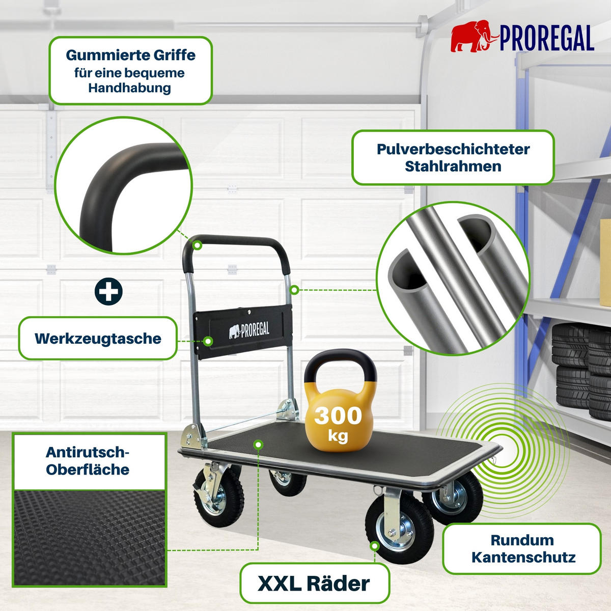PLATTFORMWAGEN Transportwagen Rhino 300kg klappbar mit Luftreifen & Werkzeugtasche - Schwarz, Metall (90/60/94cm) - PROREGAL