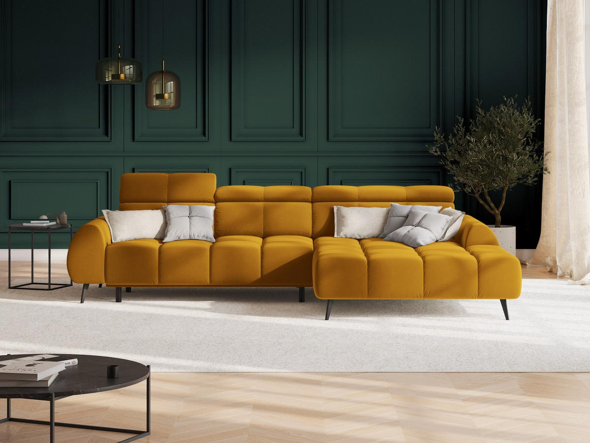ELEKTRISCHES-ECKSOFA rechts Alyse aus Samt gelb 5 Sitzplätze - Gelb, Textil (188/295cm) - Micadoni