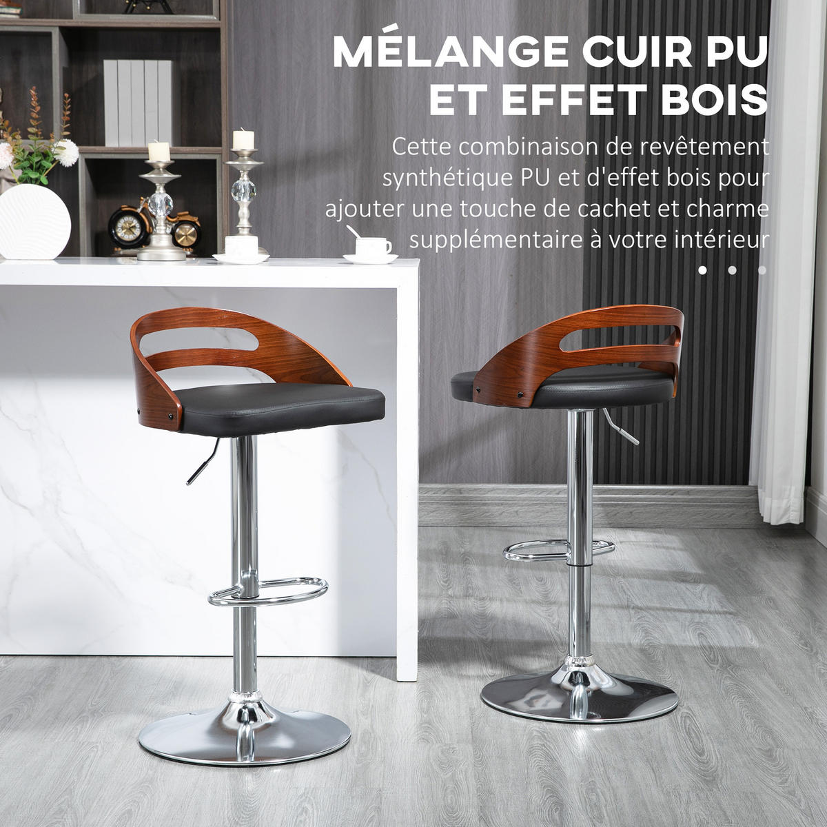BARHOCKER 2er-Set DE-14696 höhenverstellbar & schwenkbar mit Holz-Dekor Schwarz - Schwarz, Metall (44.5/100/46.5cm) - ComfortXL