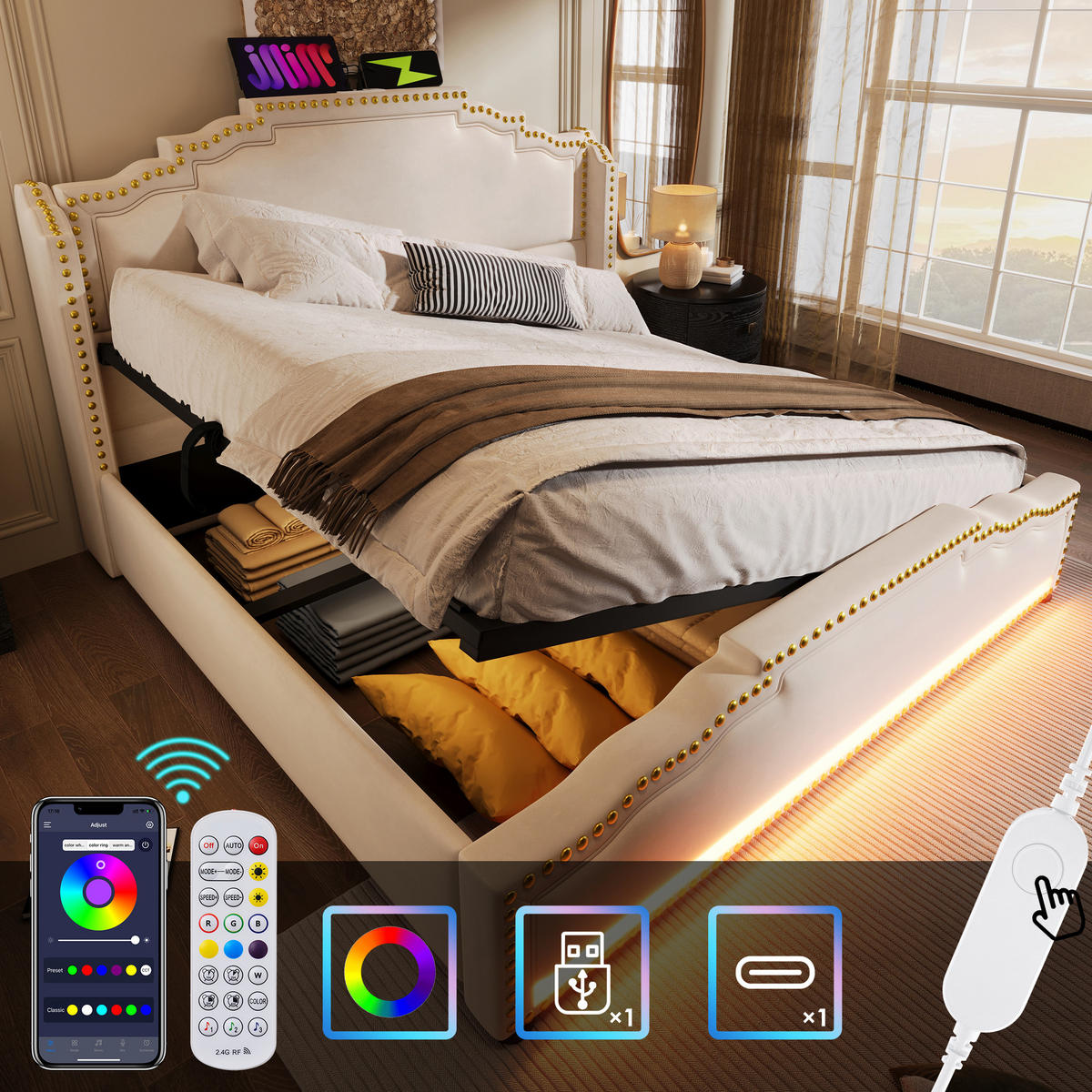 POLSTERBETT 140/200 cm mit hydraulischem Bettkasten, LED & USB/USB‑C, Samt Beige - Beige, Textil (140/200cm) - Redom