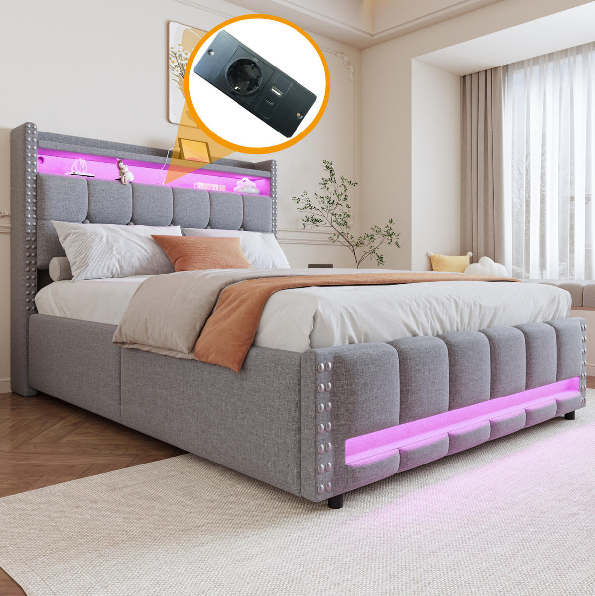 POLSTERBETT 140/200 cm Hellgrau mit LED-Beleuchtung und USB-Steckdose - Hellgrau, Textil (140/200cm) - OKWISH