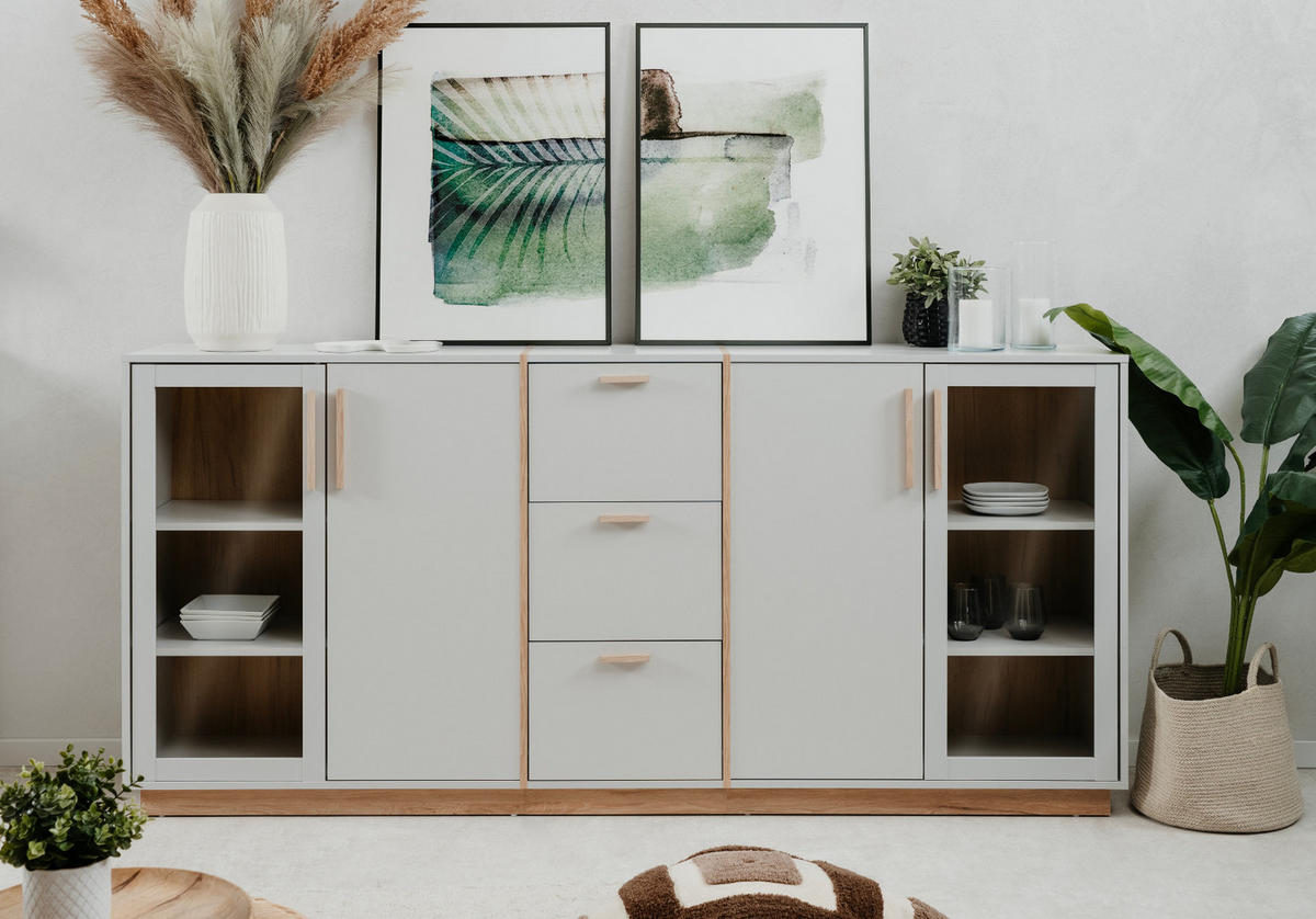 SIDEBOARD grau, Hickory Walnuss 204 cm, Kommode mit viel Stauraum - Walnussfarben/Hellgrau, Glas/Holzwerkstoff (204/94/40cm) - Furn.Design