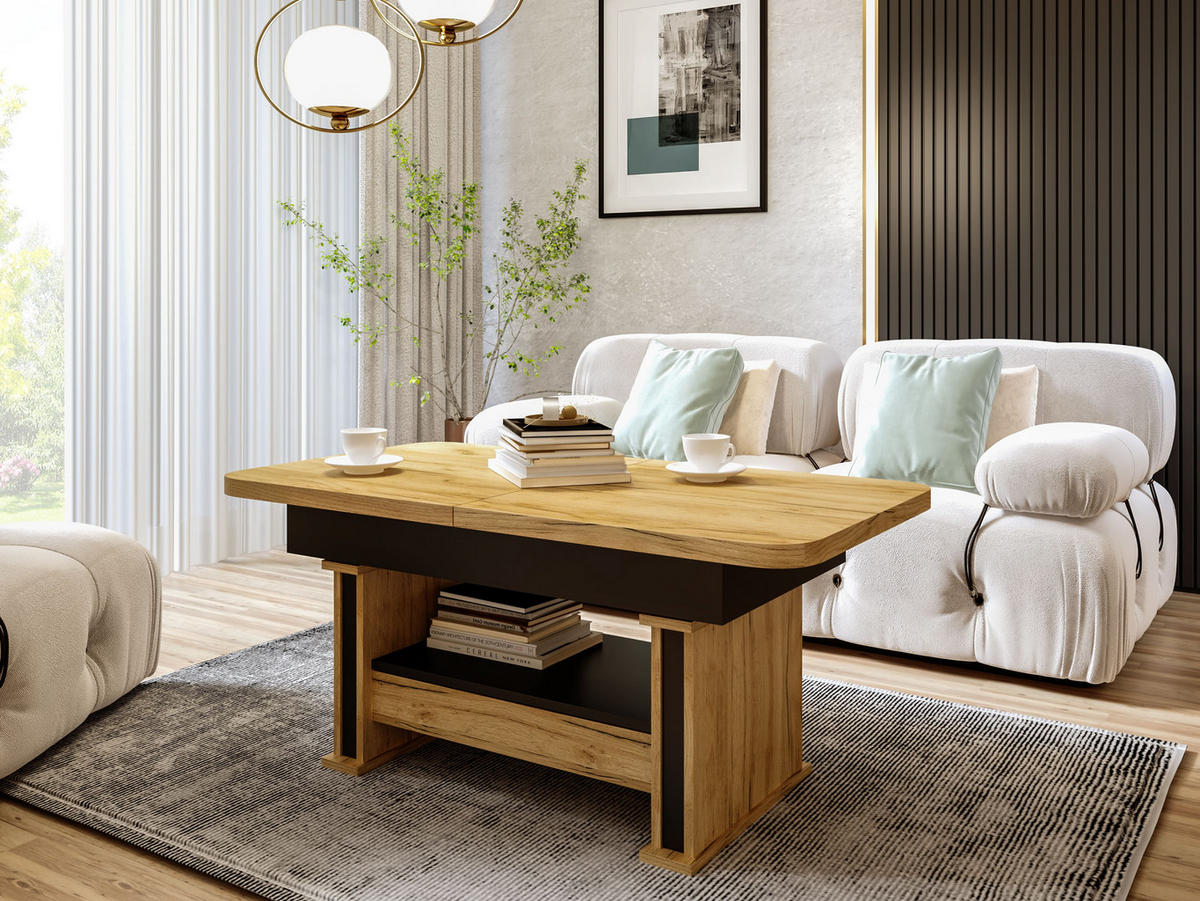 COUCHTISCH rechteckig Eiche Gold Schwarz ausziehbar höhenverstellbar - Eichefarben/Schwarz, Holzwerkstoff (70/120/60cm) - designimpex