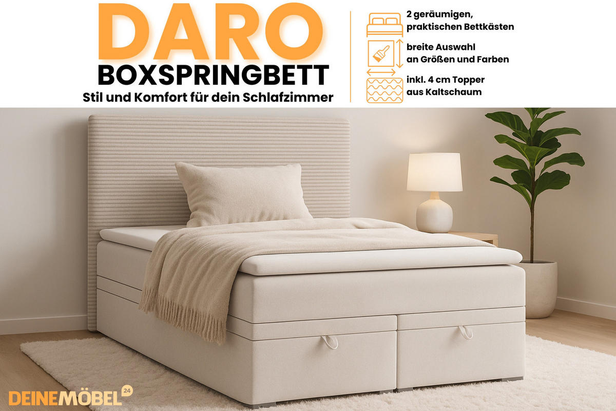 BOXBETT DARO 180/200 in Velour/Cord Creme - Creme, Holz/Holzwerkstoff (180/200cm) - Deine Möbel 24