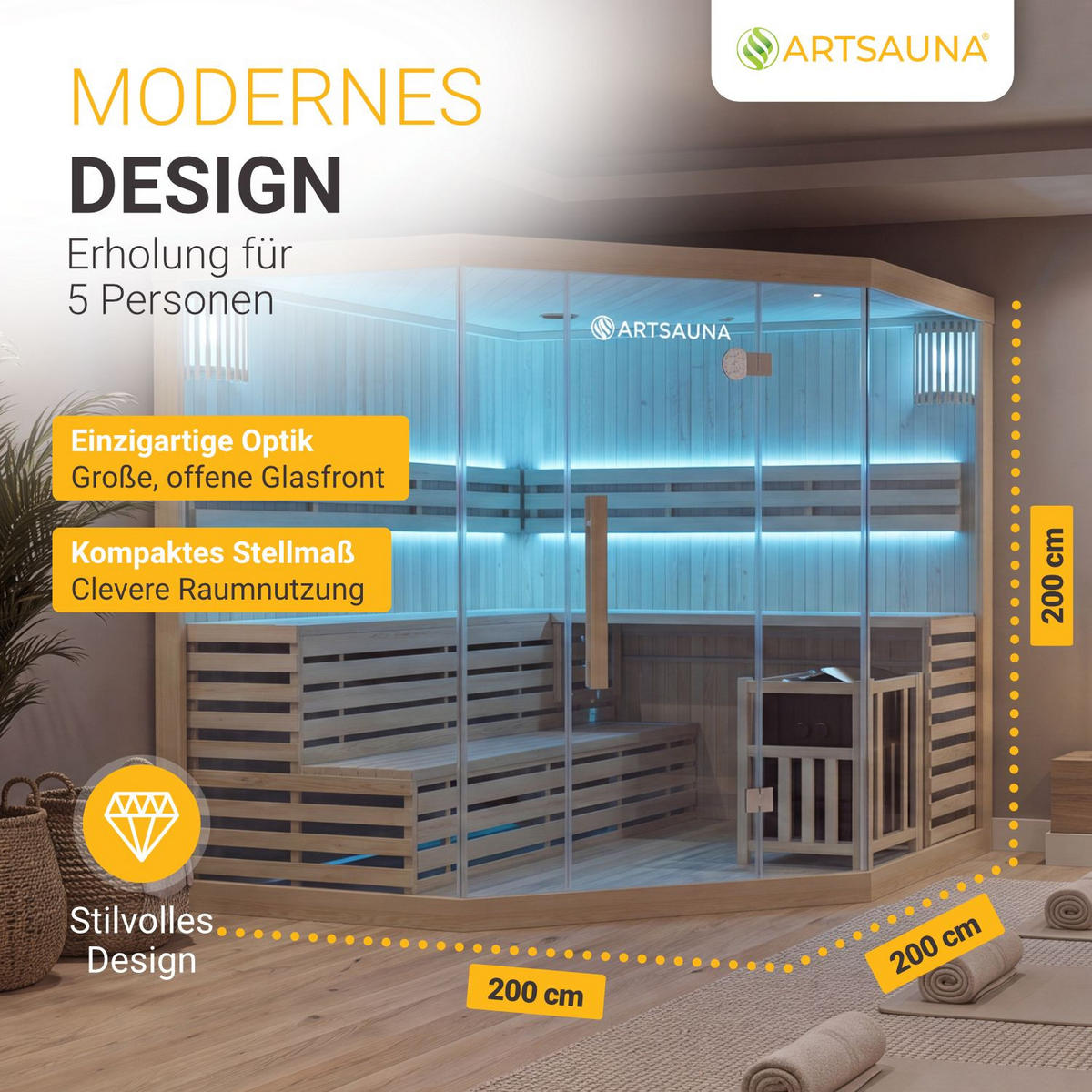 SAUNAKABINE Espoo200 Premium - Naturfarben, Holz (200/200/200cm) - Artsauna