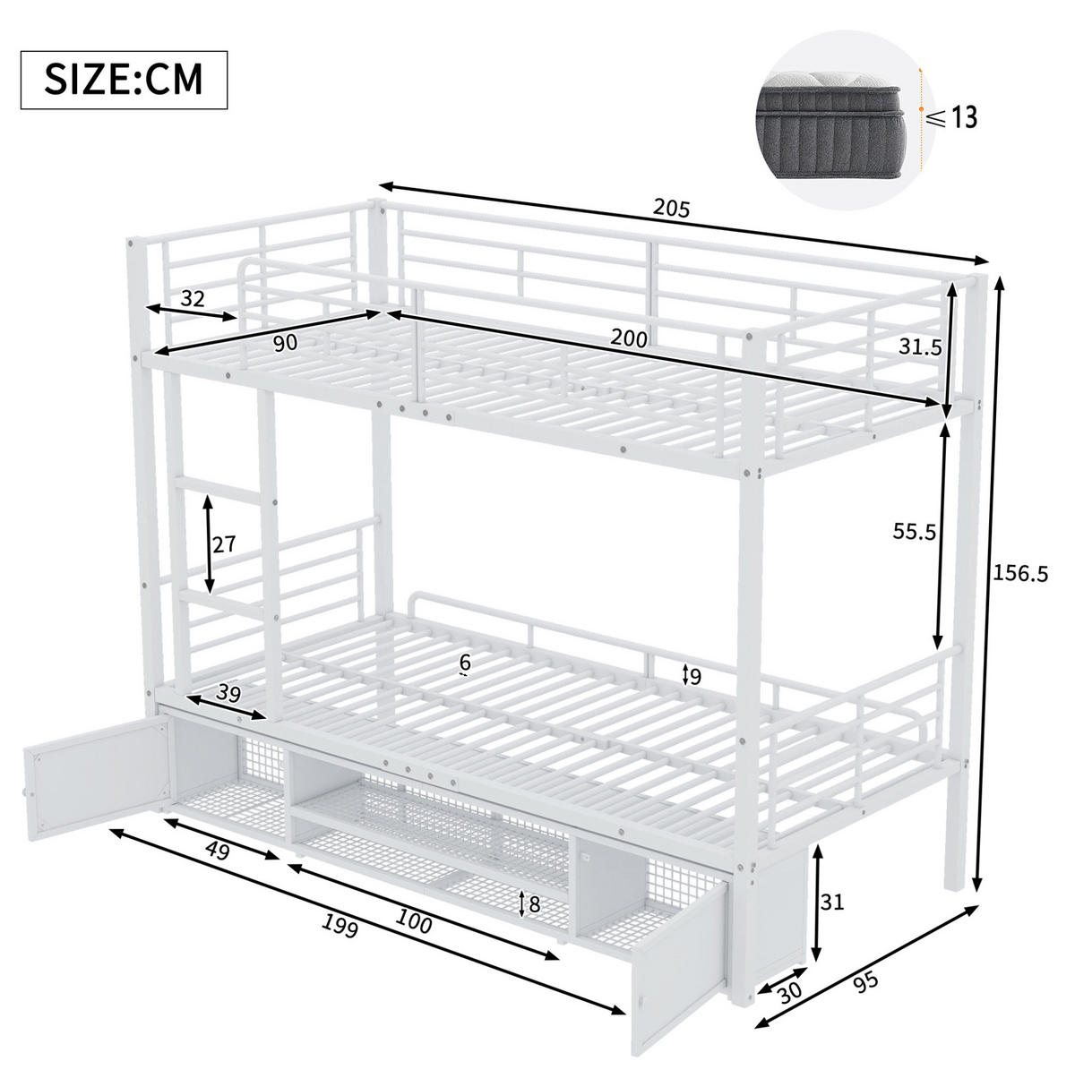 ETAGENBETT 90/200 cm aus Metall mit Schuhablage und 2 Schränken Weiß - Weiß, Metall (90/200cm) - Modenvie