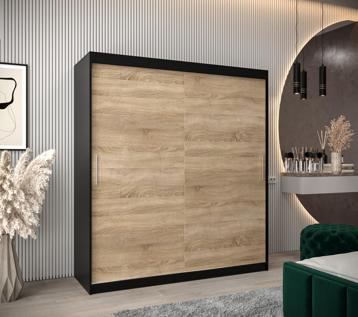 SCHWEBETÜRENSCHRANK 200/180/62 2-türig - Silberfarben/Schwarz, Holz/Kunststoff (180/200/62cm) - Abiks Möbel