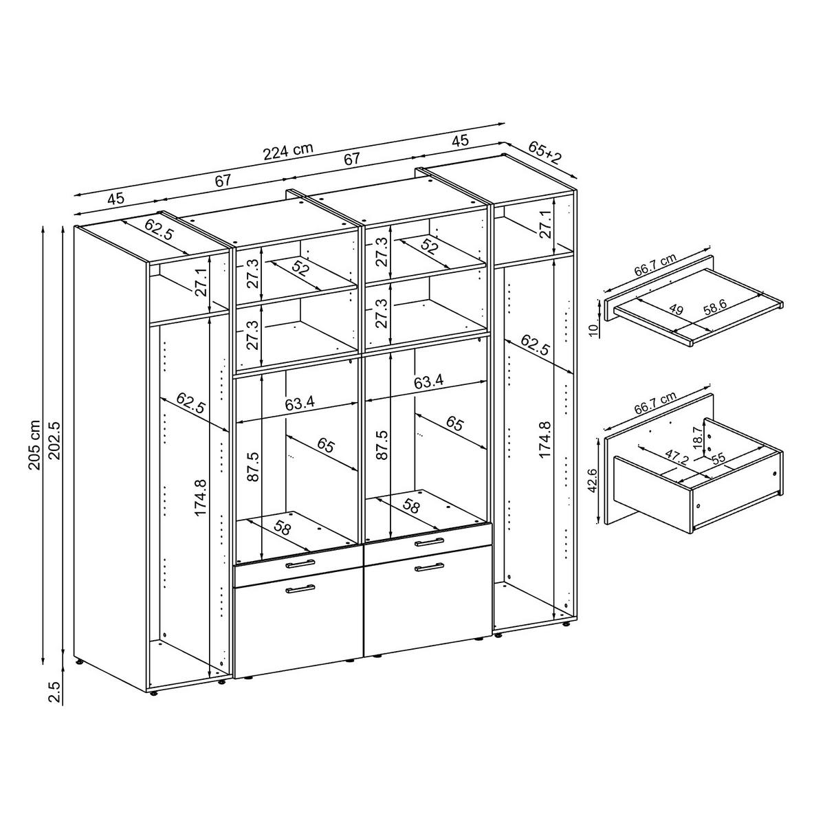 WASCHMASCHINENSCHRANK Serie 2 224cm Breit, 205cm Hoch - Schwarz, Holzwerkstoff (224/205/67cm)