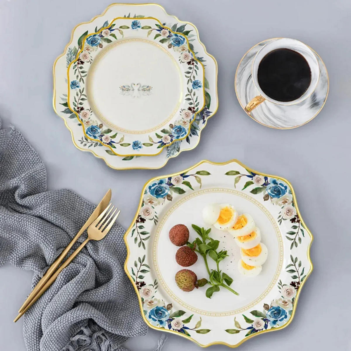 TELLERSET Blumengeschirr Bone China Weiß Gold 4tlg Ø30 Ø27 Ø20 Ø16 c - Roségold/Goldfarben, Keramik (30/2/2cm) - Quality Elegance