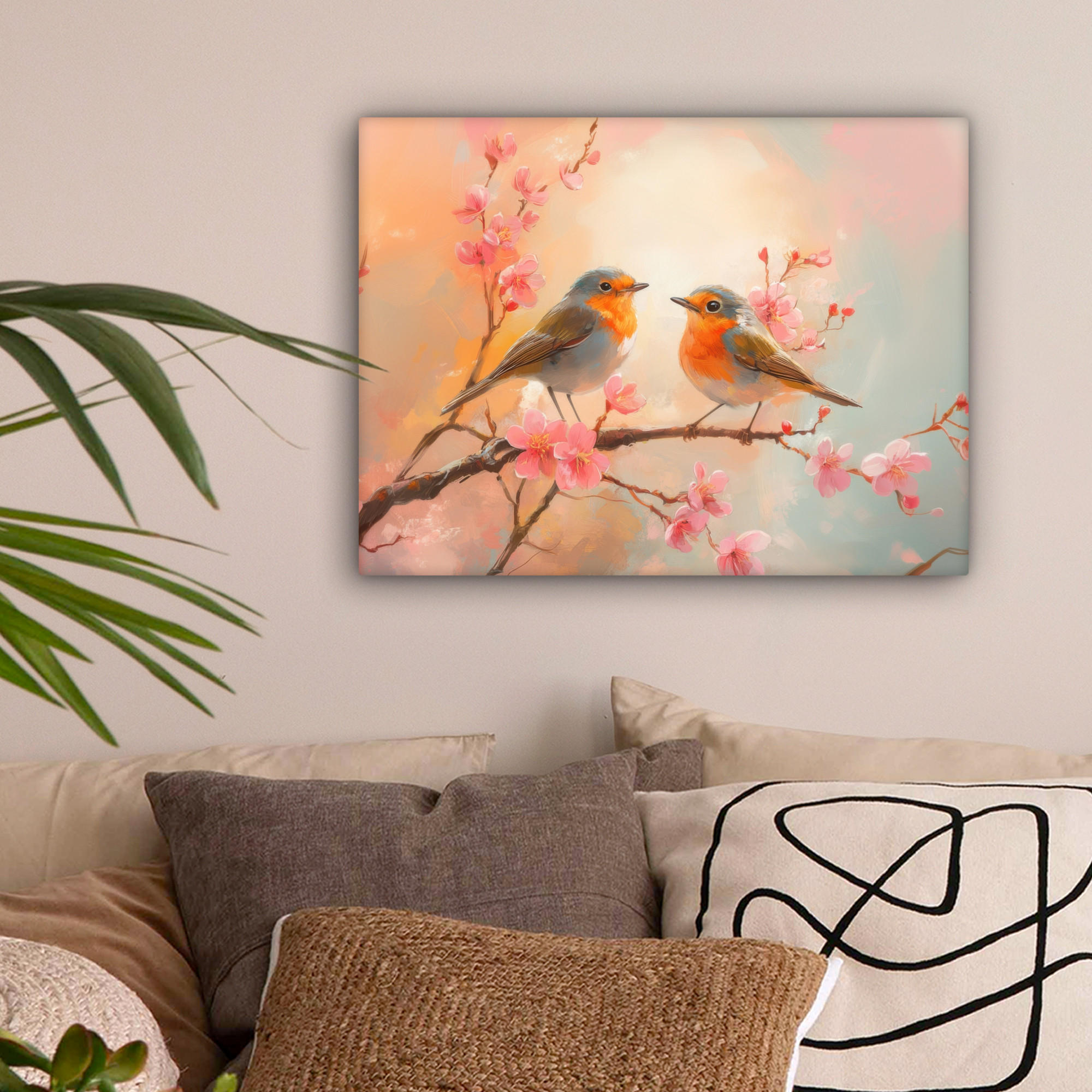 LEINWANDBILD Rotkehlchen - Zierpflanze - Blütenzweig 40x30 cm - Hellrosa, Textil (40/30cm) - MuchoWow