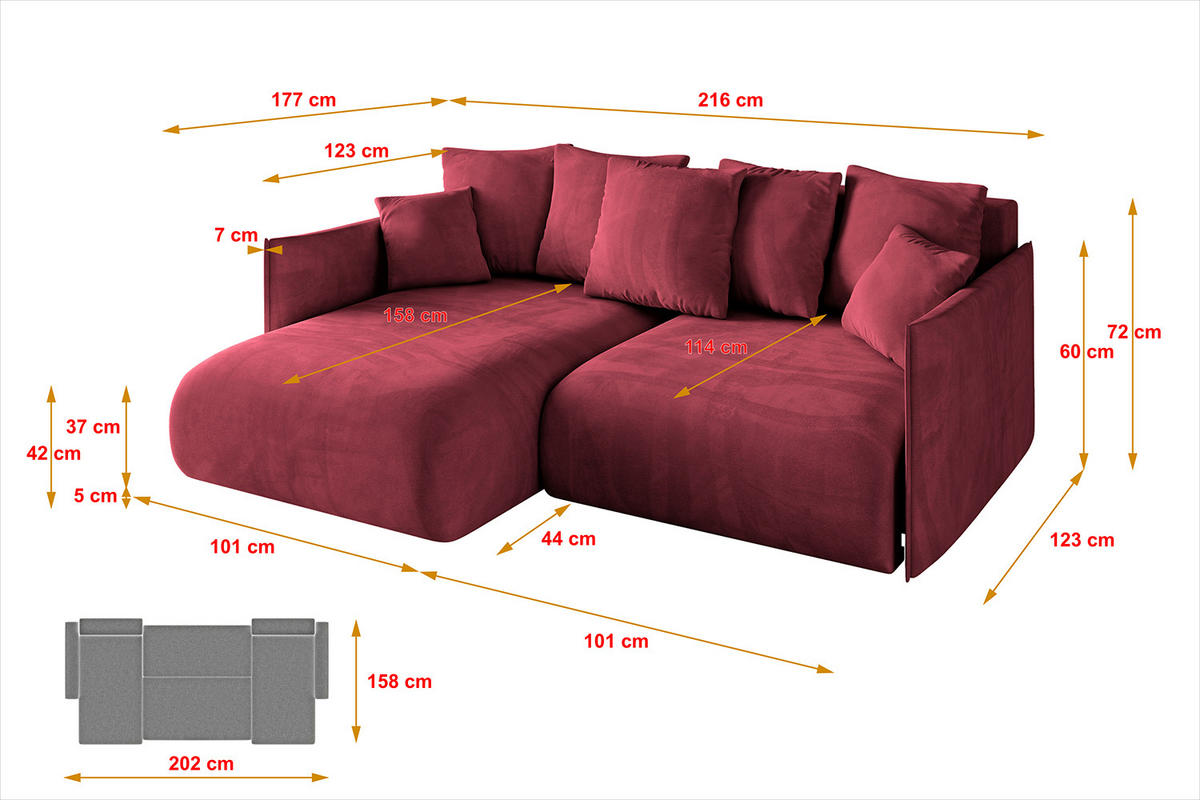 ECKSOFA mit Schlaffunktion und Bettkasten ONESK-L 216x177x72 Bordeauxrot Velours - Bordeaux, Holzwerkstoff/Kunststoff (216/177cm) - ALTDECOR
