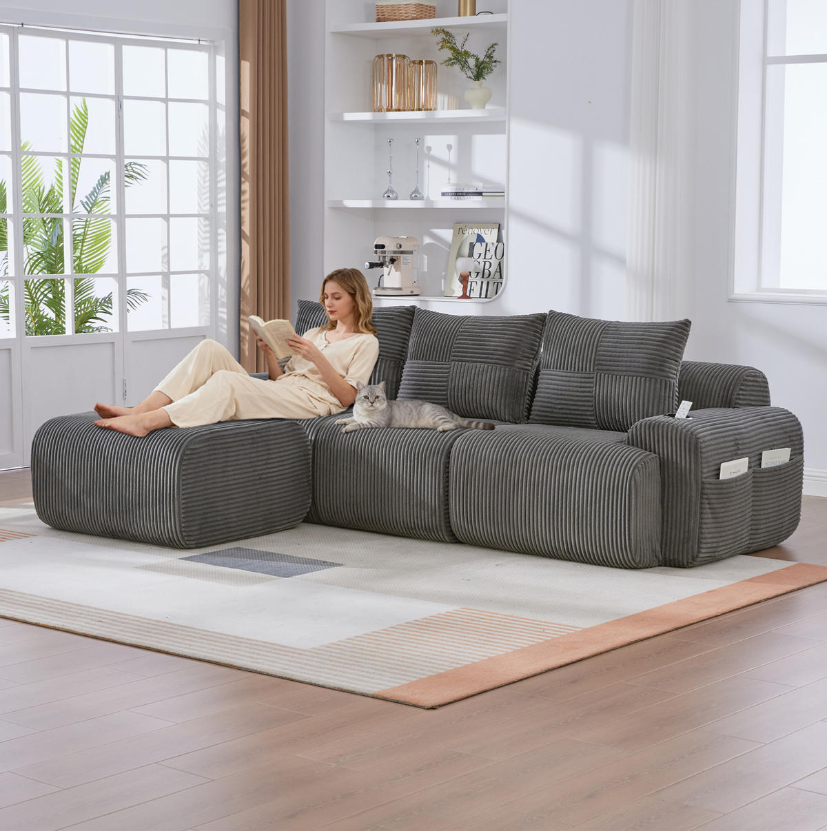 SOFA modular 268 x 174 x 80 cm Corduroy Dark Gray 3-Sitzer - Dunkelgrau, Kunststoff (174/268.1cm) - Meubliv