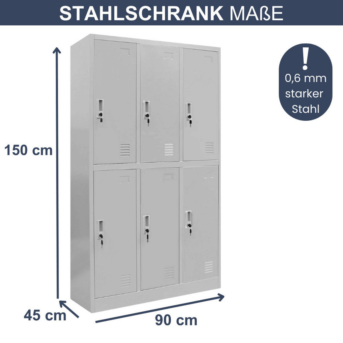 UMKLEIDESCHRANK Spind IGOREK 6 Abteile 150x90x45cm Grau - Grau, Metall (90/150/45cm) - Jan Nowak