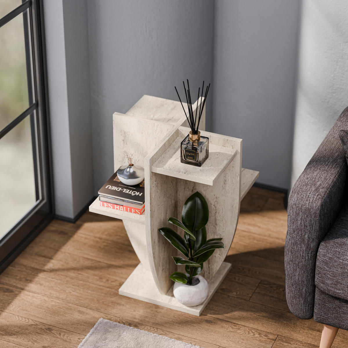 PFLANZENSTÄNDER Ceki Travertin - Creme, Holzwerkstoff (29/29/62cm) - Decorotika