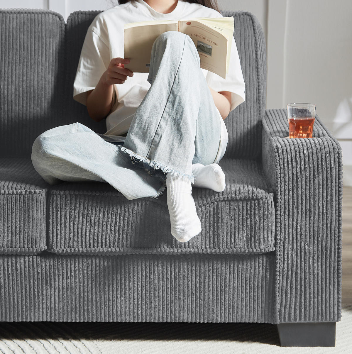 SOFA mit Getränkehaltern 206 cm Cord Grau - Grau, Holzwerkstoff (206/86/72cm) - Meubliv
