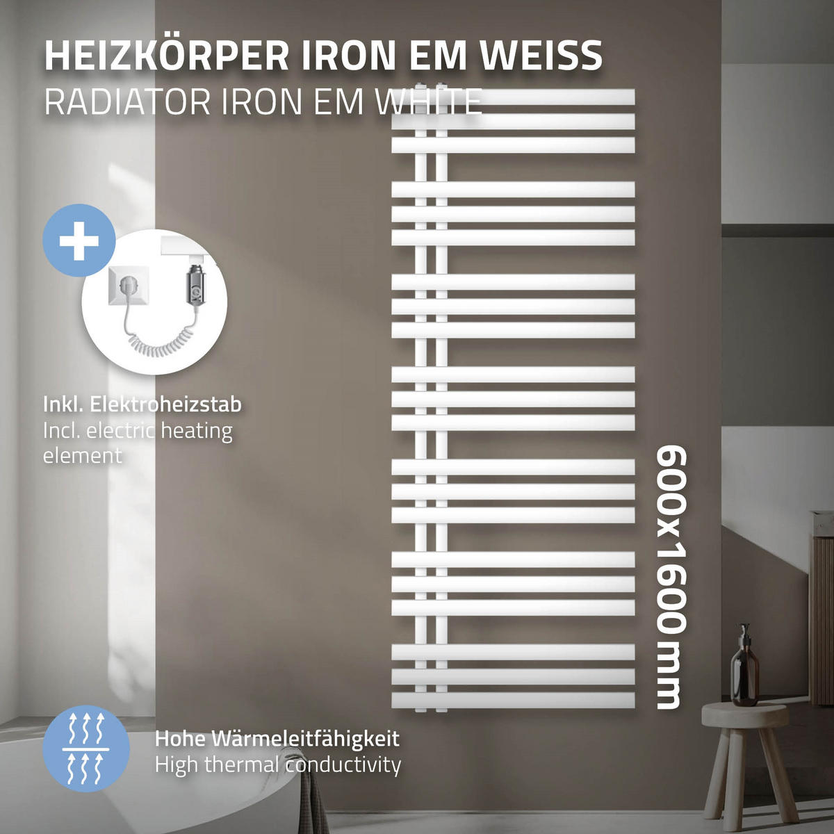 ELEKTRICKÝ koupelnový radiátor Iron EM 600 x 1600 mm, bílý, s topným tělesem 1200 W - bílá, kov (60/160/3cm) - LuxeBath