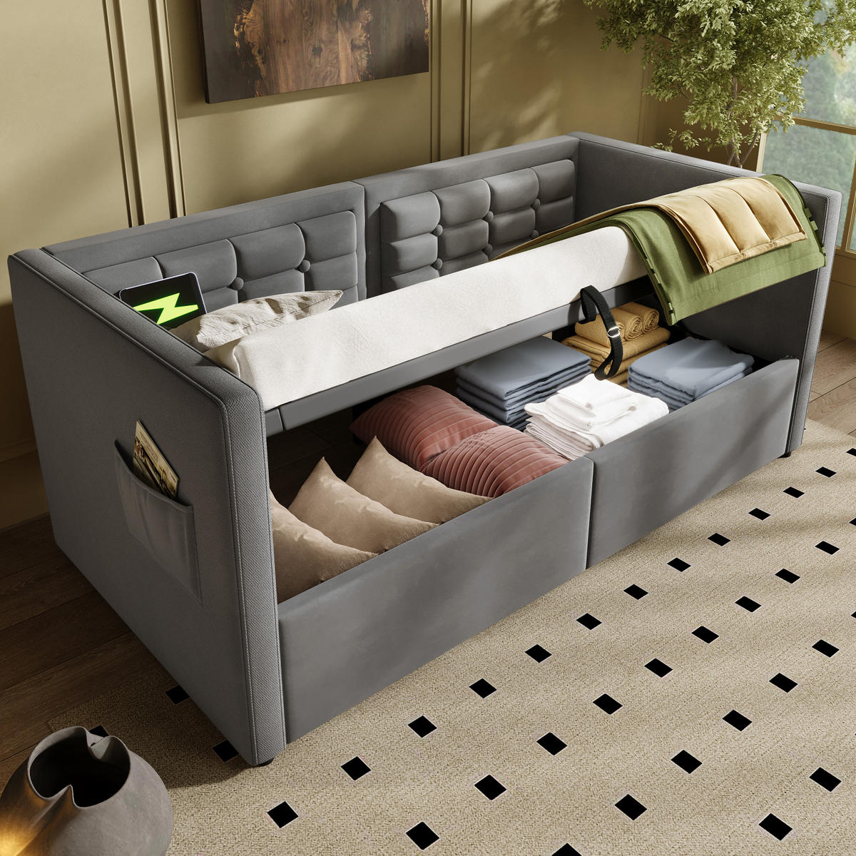 BETT 90/200 cm mit Bettkasten, USB & Type-C, inkl. Lattenrost, Grau - Grau, Textil (90/200cm) - BEAOK