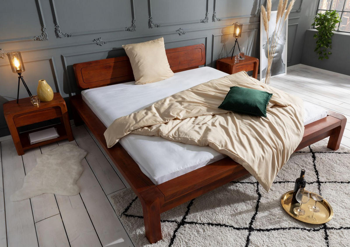 BETT Massivholz Akazie 160 x 200 x 80 hellbraun BUENO #022 - Braun, Holz (160/200cm) - Massivmoebel24