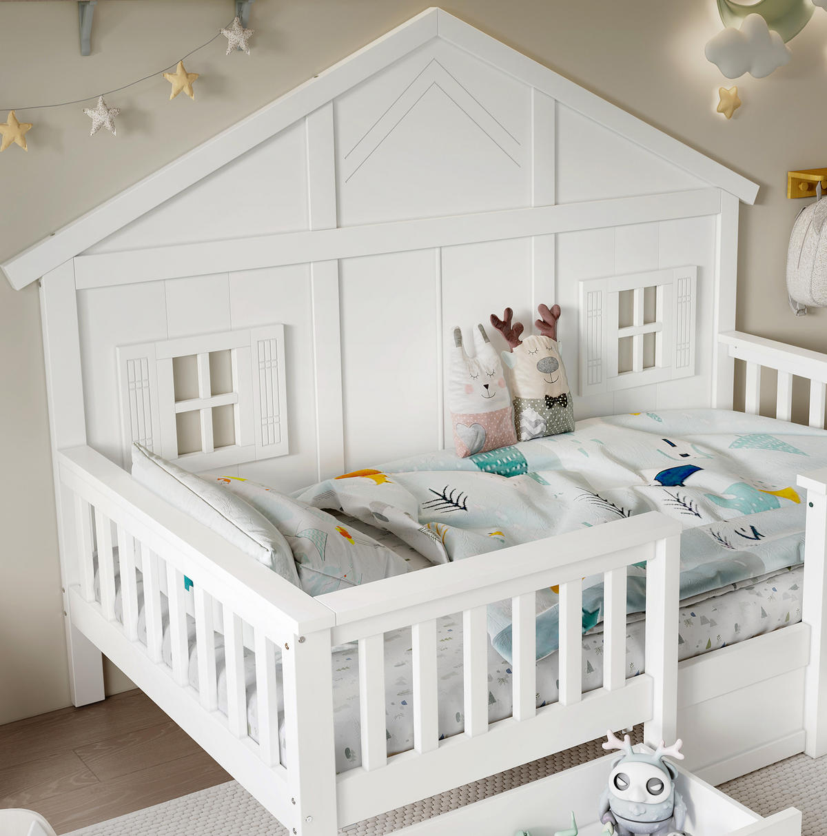 KINDERBETT 90/200 cm Weiß aus Kiefer und MDF mit Dach, Fenstern und 2 Schubladen - Weiß, Holz (90/200cm) - OKWISH