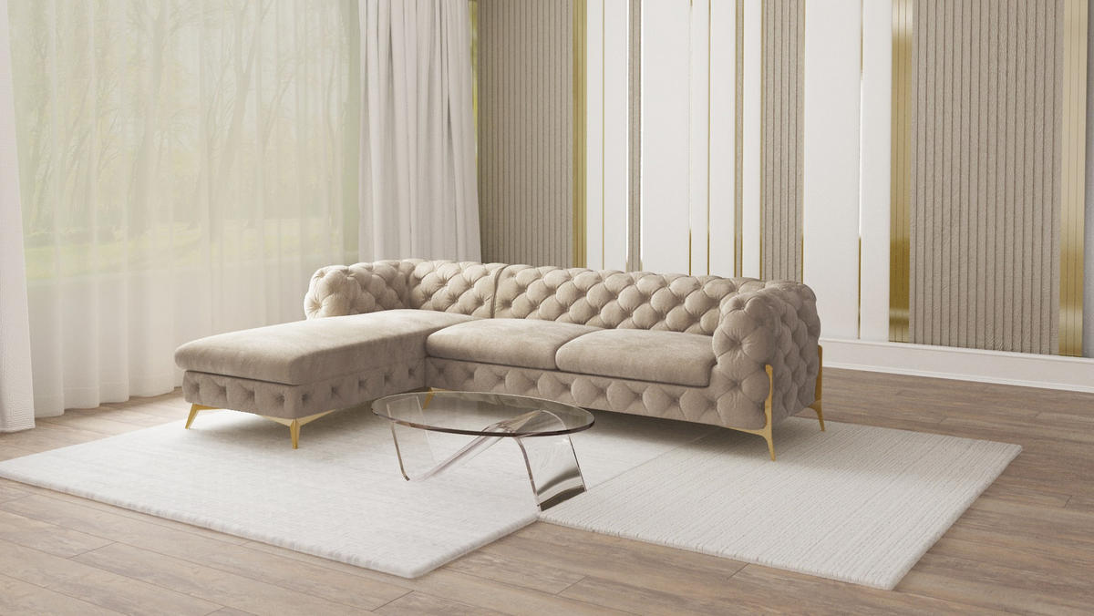 ECKSOFA Chesterfield Lexi Dunkle Creme Samt, Ottomane links - Goldfarben/Creme, Holz/Textil (305/200cm) - S-Style Möbel