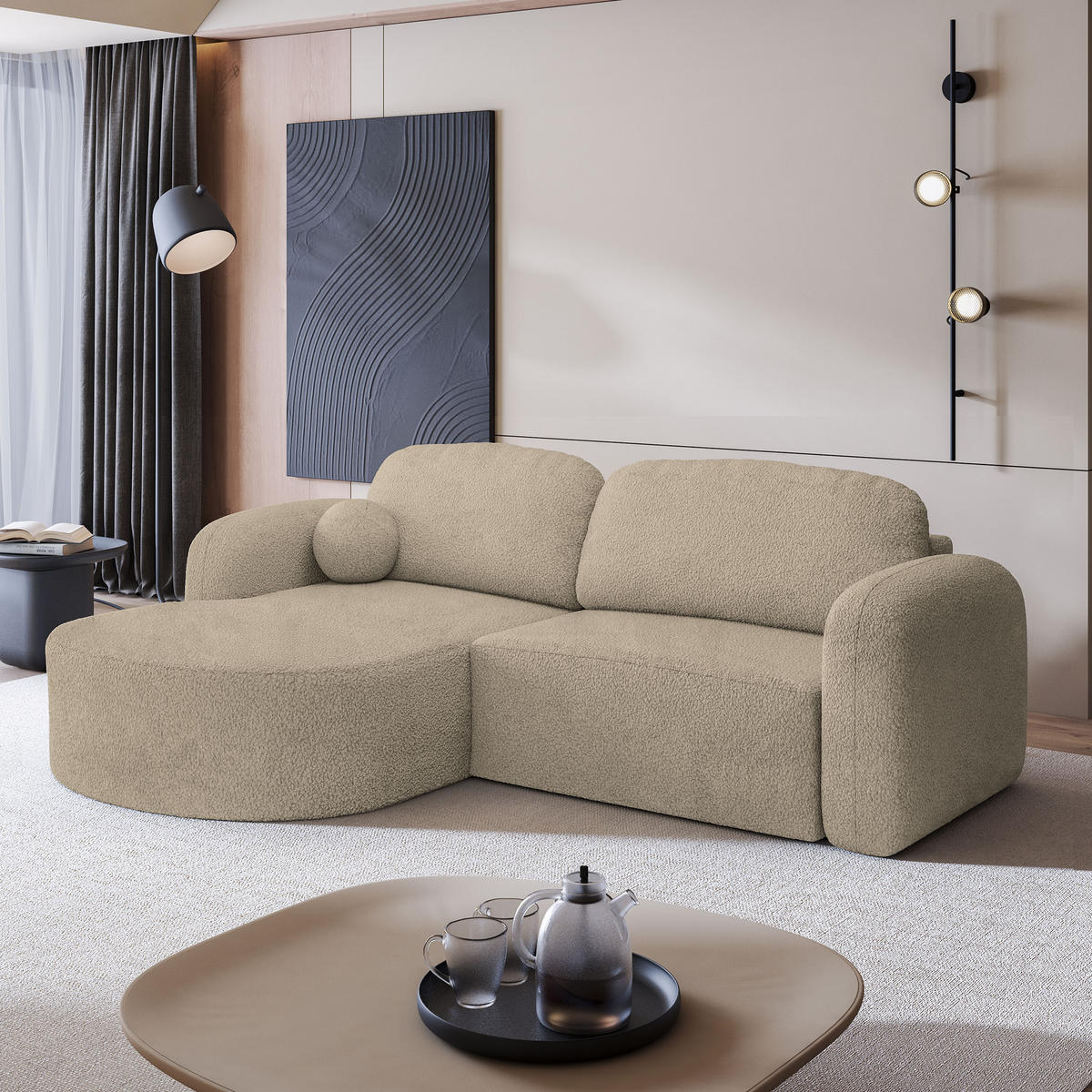 ECKSOFA AMILIA L-S Beige Boucle-Stoff mit Schlaffunktion - Beige, Holz (263/174cm) - MASSENO