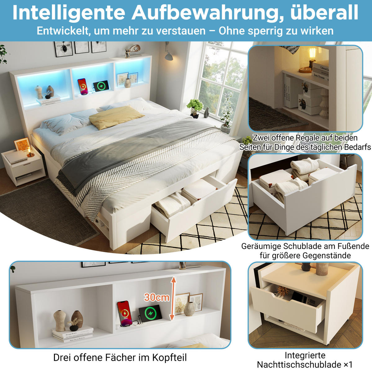 BETT mit Kopfteil 90/200 cm in Weiß – inkl. Lattenrost, Bettkasten und Nachttisch - Weiß, Holzwerkstoff (90/200cm) - BEAOK
