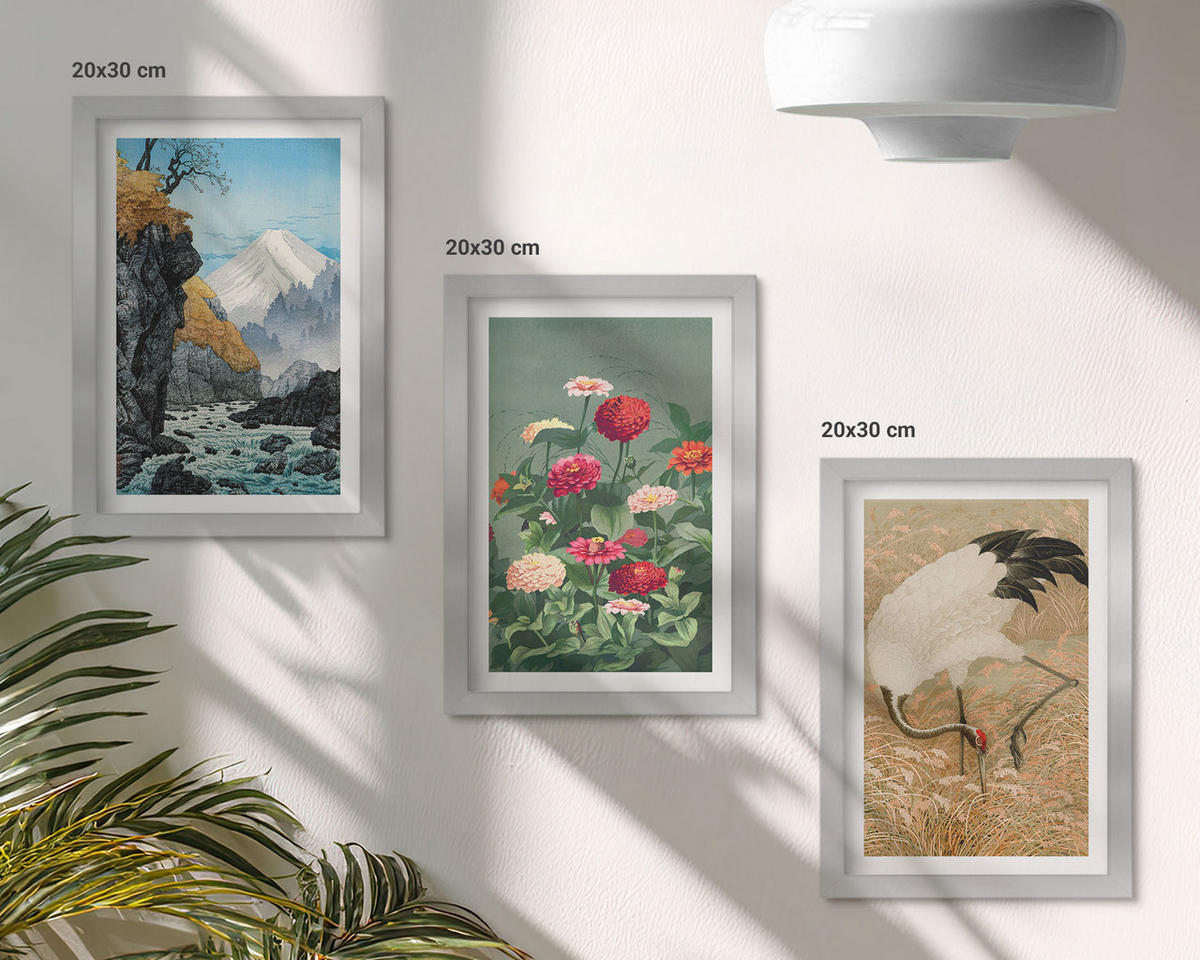 WANDBILDER 3er Set - 20x30 cm Silberner Rahmen - Berglandschaft, Fluss, Blumen, Kraniche - Silberfarben, Kunststoff (20/30cm) - ArtPrintCave
