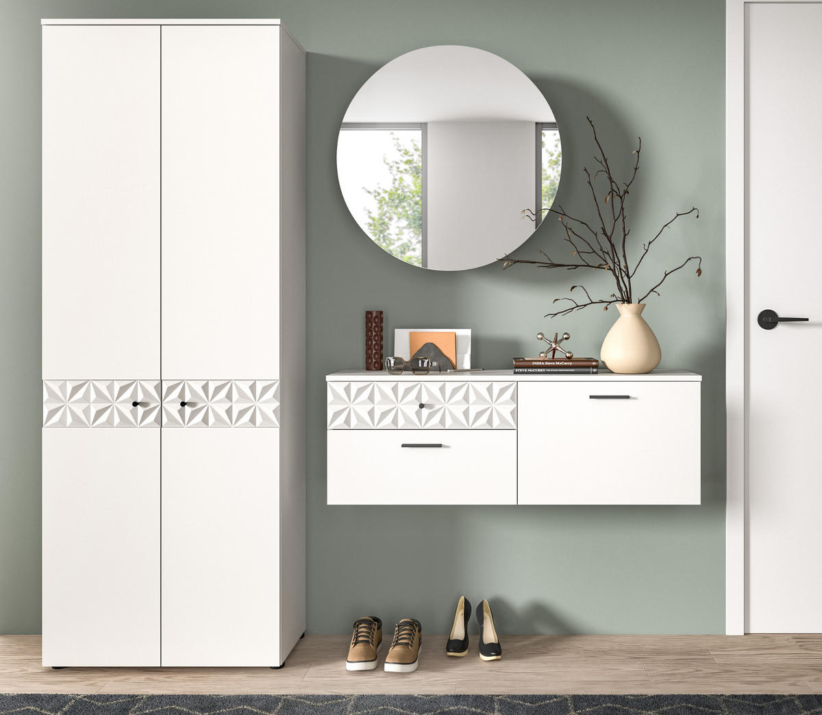 GARDEROBENSCHRANK weiß Hochglanz 70 x 192 cm, Schuhschrank mit 3D-Struktur - Weiß Hochglanz/Schwarz, Holzwerkstoff/Kunststoff (70/192/35cm) - Inn.Furn