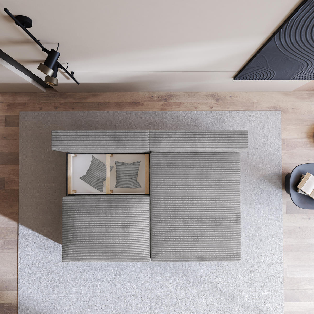 ECKSOFA FIORO Hellgrau Kordstoff mit Schlaffunktion - Hellgrau, Holz (204/148cm) - MASSENO