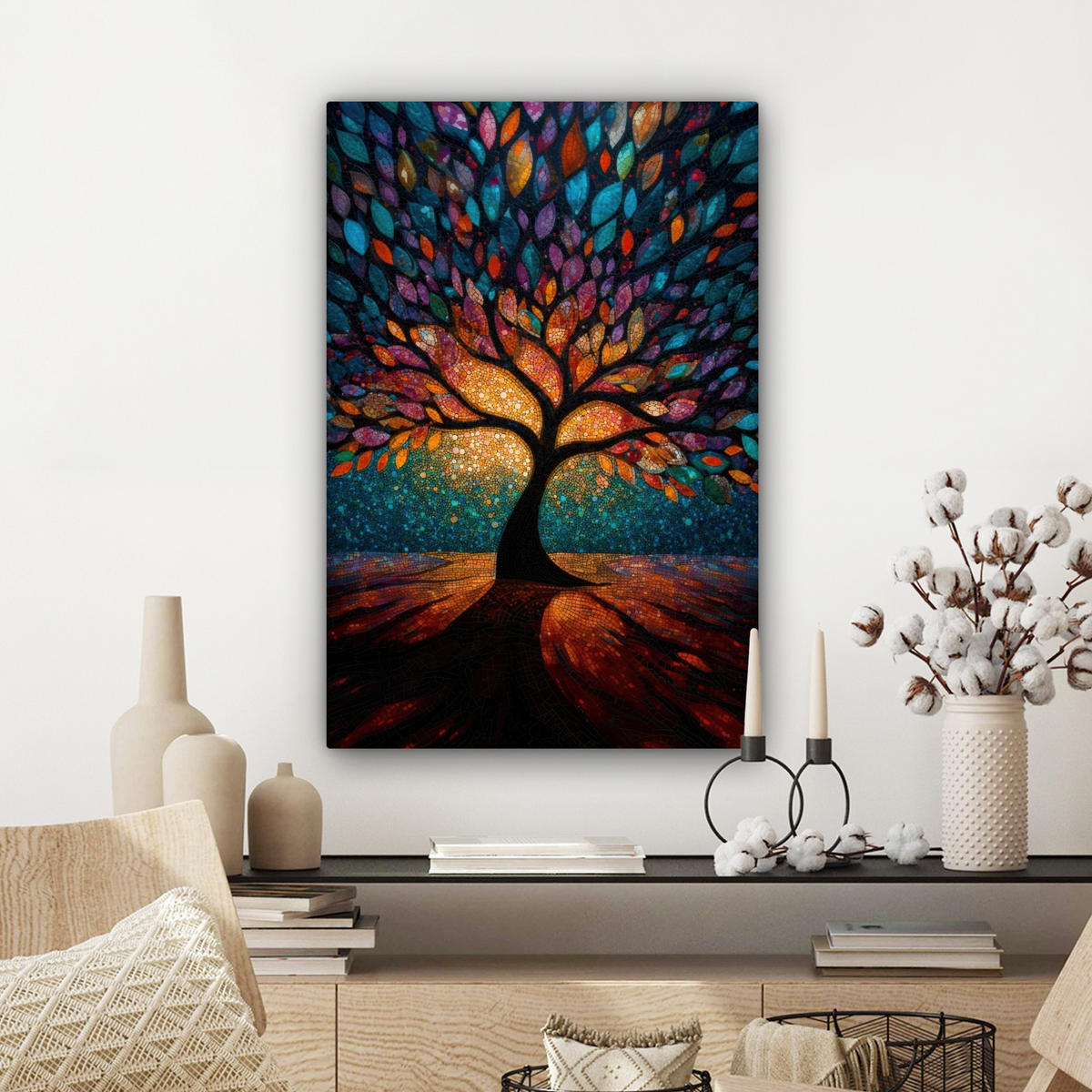 LEINWANDBILD Mosaik - Bunt - Baum - Äste Wanddeko Schlafzimmer 60x90 cm - Multicolor, Textil (60/90cm) - MuchoWow