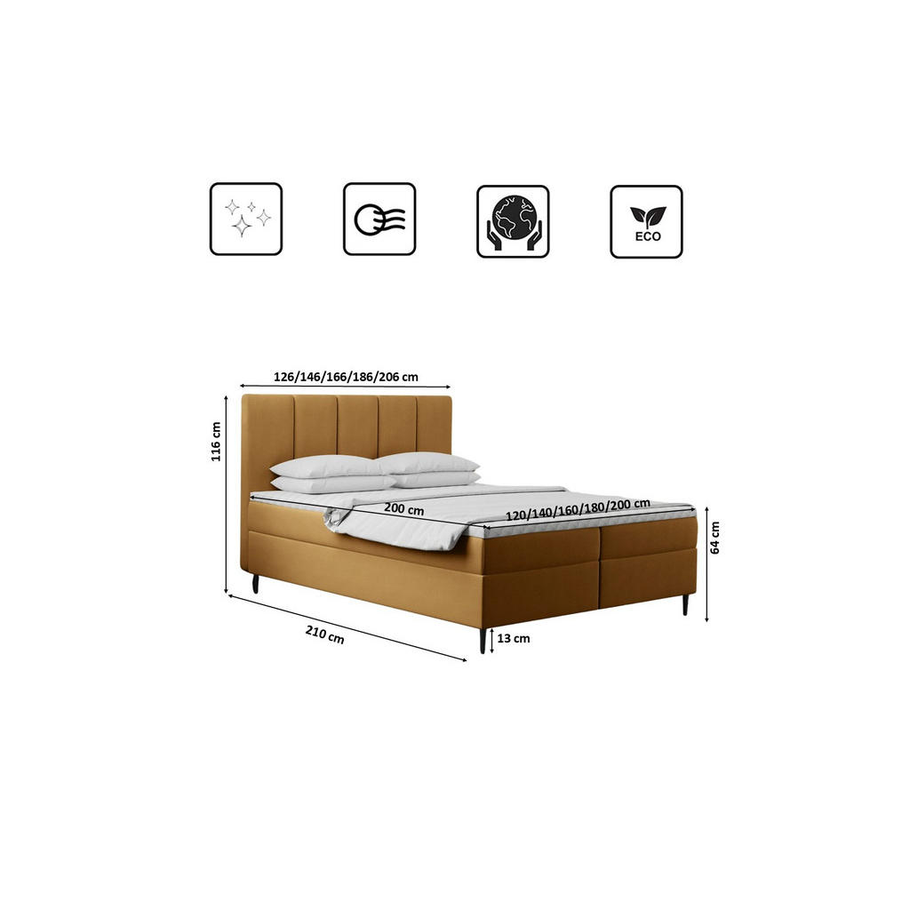 Thumbnail - Kaiser Möbel Boxbett, Gelb, Textil, Balkeneiche, 2 Schubladen, H3, Höhe ca. 20 cm, einzeln stellbar, 180x200 cm, Reach, ...