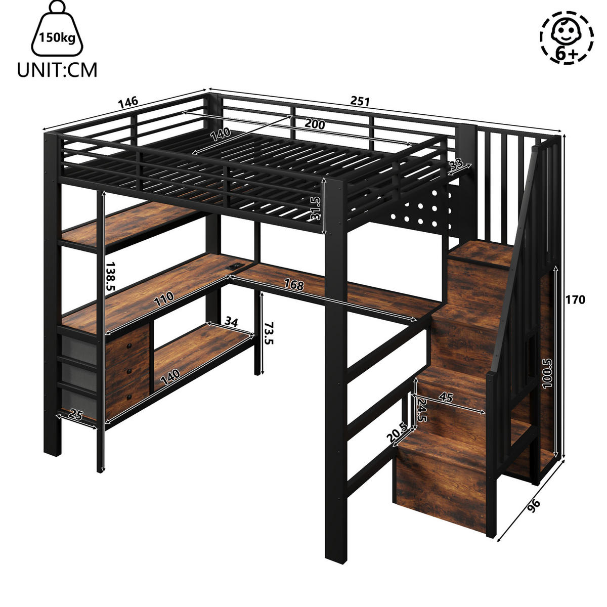 HOCHBETT 140/200 cm schwarz aus MDF und Metall mit Schreibtisch Stauraum LED und Steckdose - Schwarz, Holzwerkstoff (140/200cm) - OKWISH