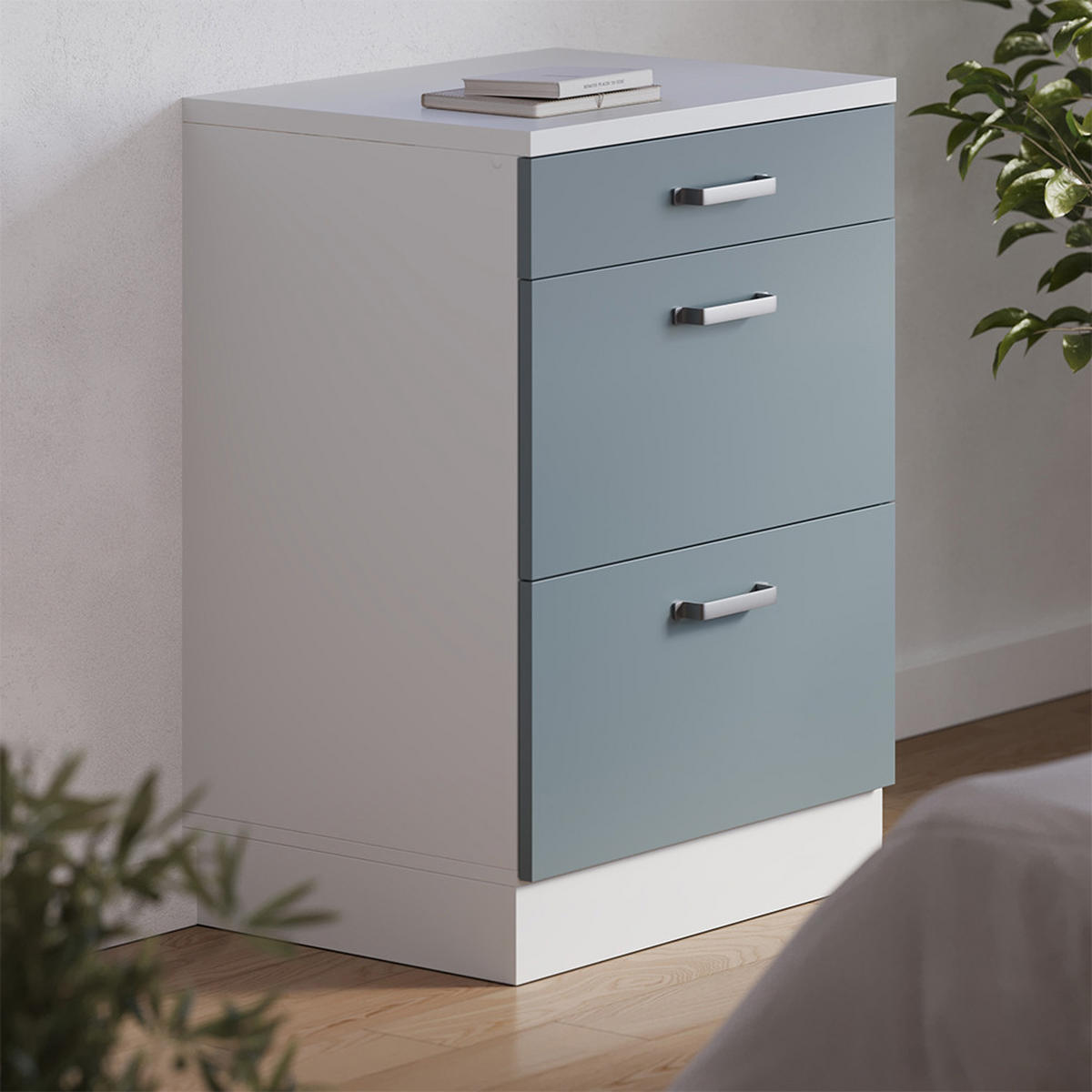 KUHINJSKA OMARA ZA POŠEVNE STREHE R-Line, Modro-siva, 60 cm brez naklona z 3 predaloma - bela/modrosiva, leseni material (60/83.8/46cm) - Vicco