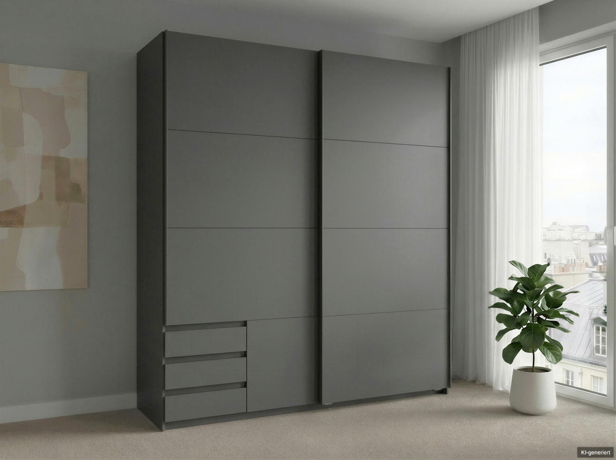 SCHWEBETÜRENSCHRANK 2-türig B179/H198/T65 cm, Kleiderschrank in Grafit mit sichtbaren Schubkästen / 22693 - Schwarz/Graphitfarben, Holz/Holzwerkstoff (179/198/65cm) - luma-home