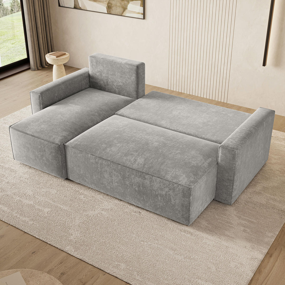 ECKSOFA POTARO LM Hellgrau Chenille mit Schlaffunktion - Hellgrau, Holzwerkstoff/Textil (232/140cm) - MASSENO