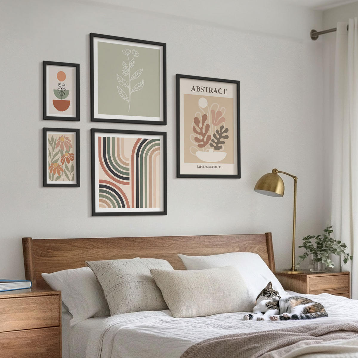 BILDER SET 5er Set - 50x50 cm & 20x30 cm & 40x60 cm Schwarzer Rahmen - Abstrakte Pastellpflanzen - Schwarz, Kunststoff (40/60cm) - TULUP