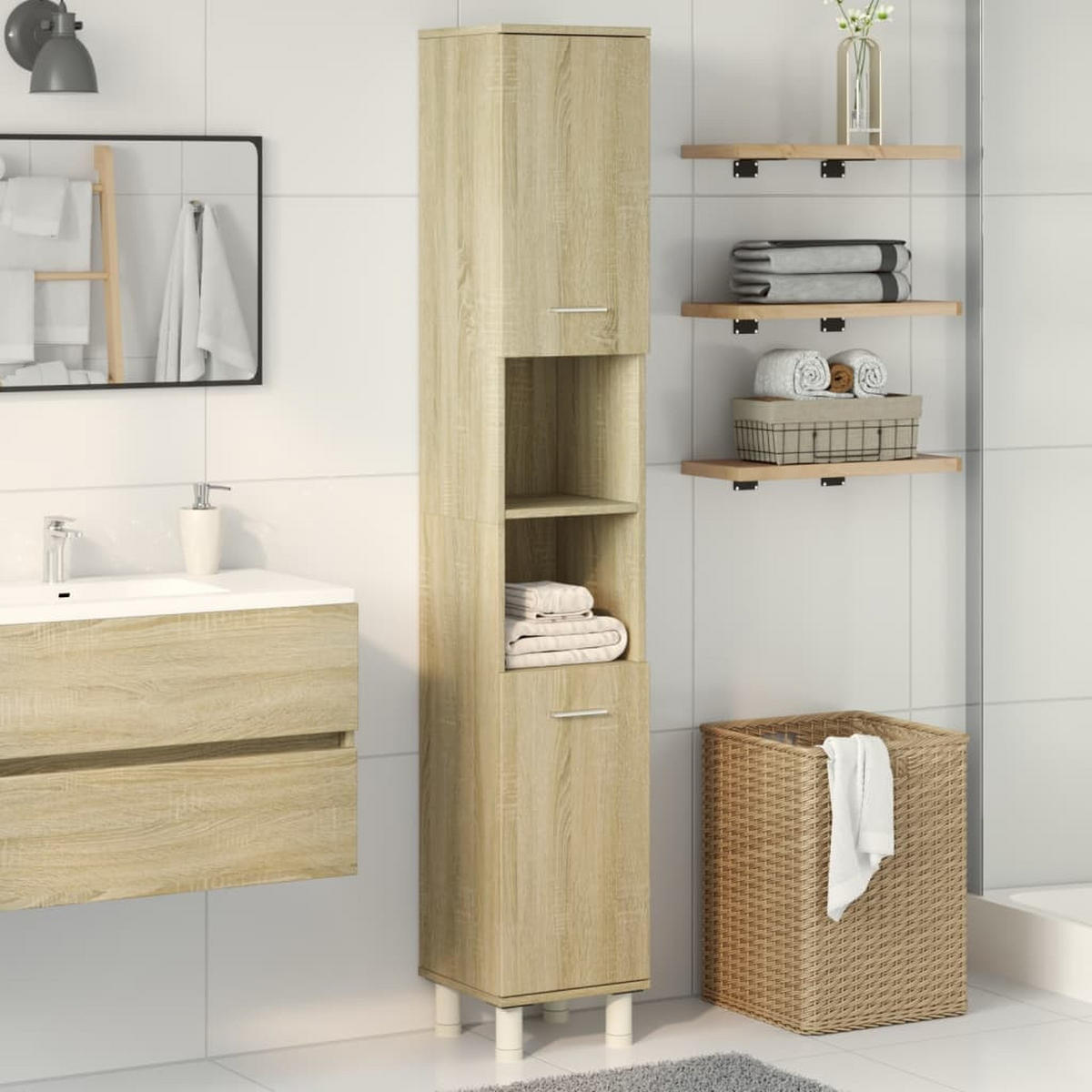 BADSCHRANK Sonoma-Eiche 30,5/30/179 Cm Holzwerkstoff - Braun, Holzwerkstoff (30/179/30.5cm) - vidaXL