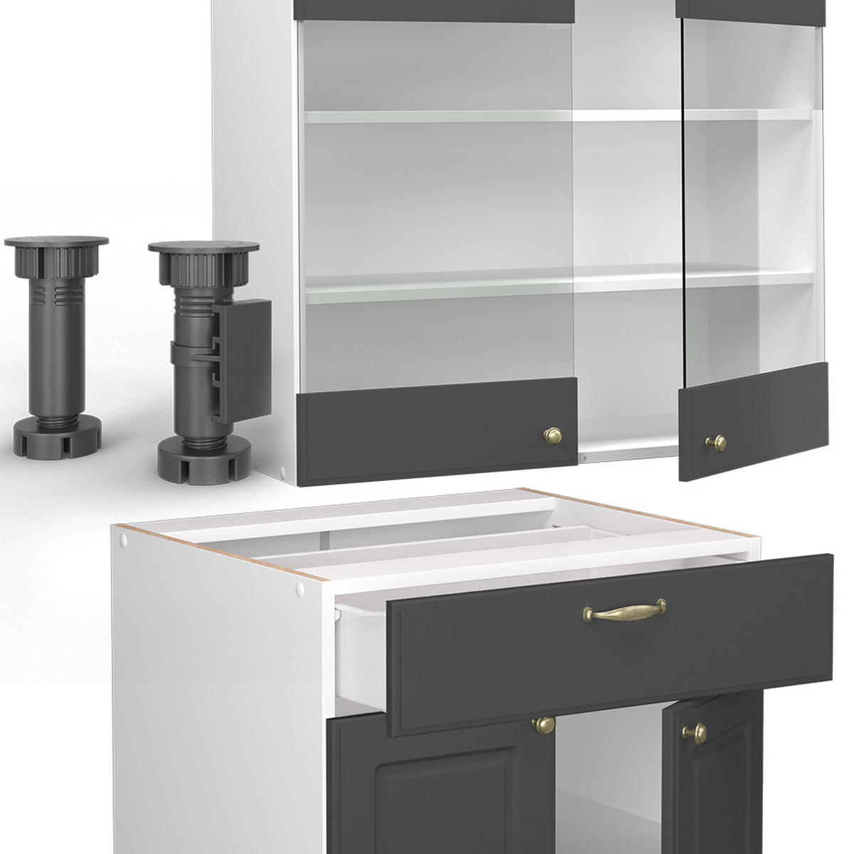 KÜCHENZEILE Fame-Line Anthrazit-Gold/Weiß 235 cm, AP Anthrazit - Graphitfarben/Weiß, Holzwerkstoff (235/81.6/60cm) - Vicco