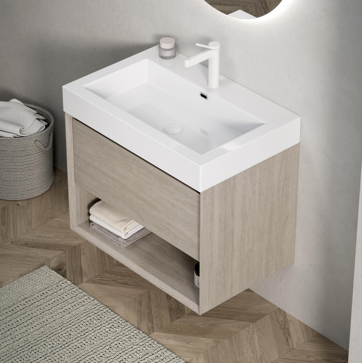 WASCHTISCHKOMBI 70x46x60cm Helle Eiche/Weiß mit Resinbecken & Massivholzfront - Eichefarben, Kunststoff (70/60/46cm) - Modfu