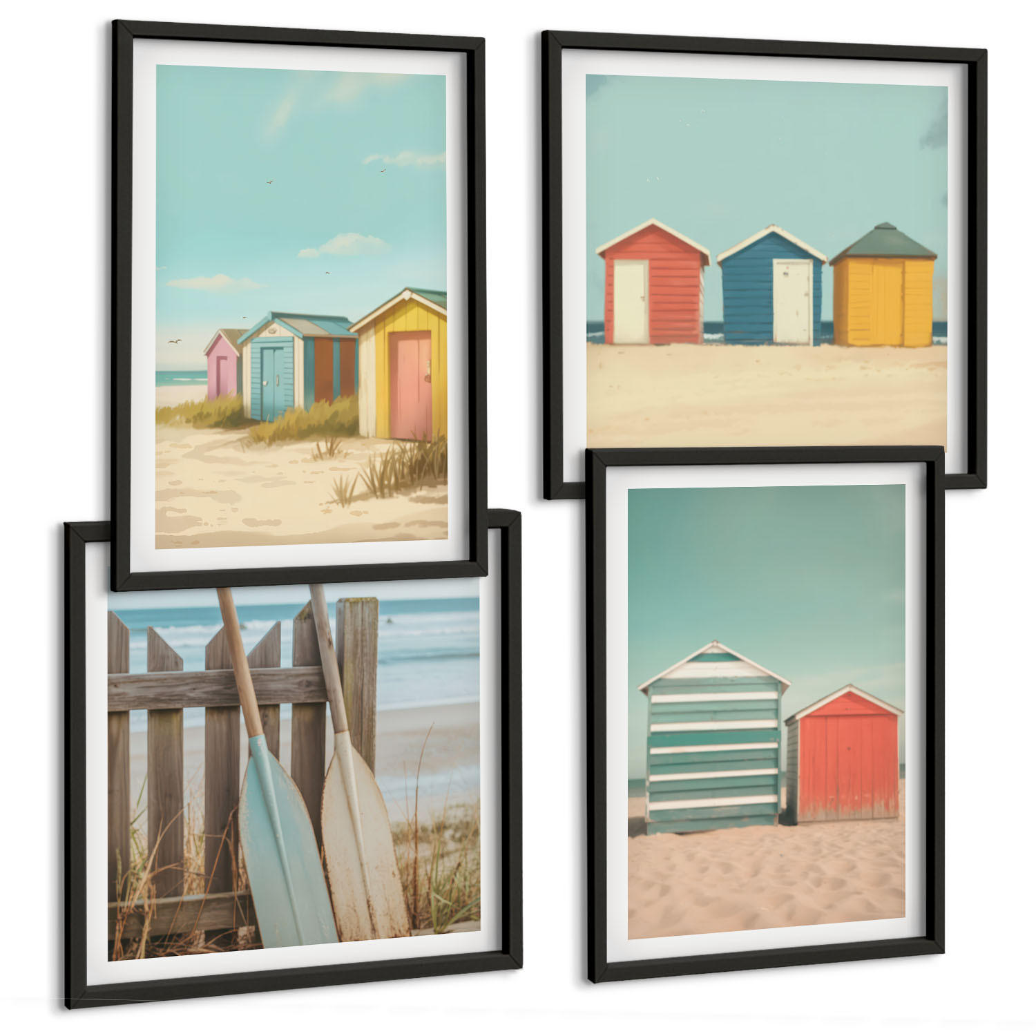 BILDER SET 4er Set - 50x50 cm & 40x60 cm Schwarzer Rahmen - Bunte Strandhäuser - Schwarz, Kunststoff (50/50cm) - TULUP