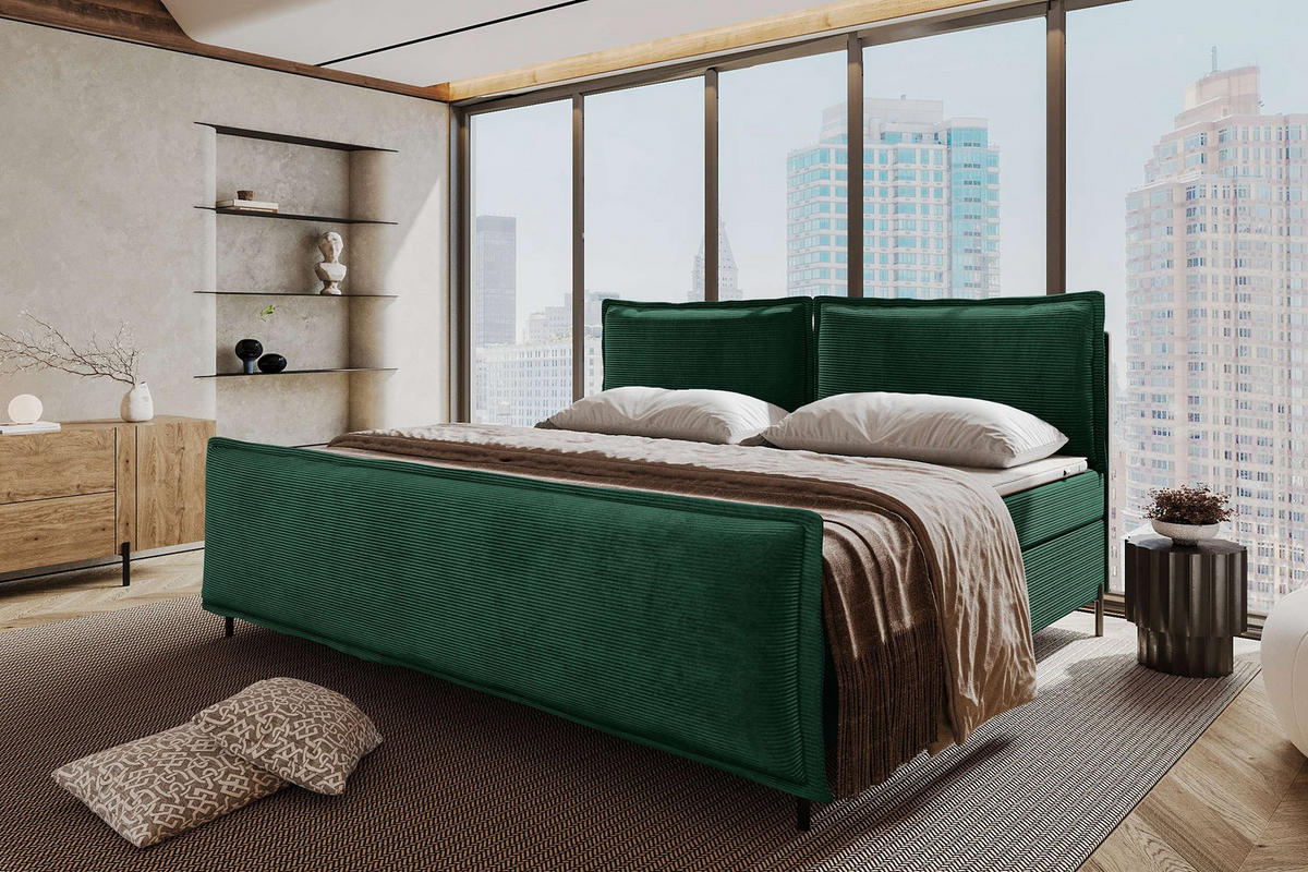 FAMILIENBETT BOXSPRINGBETT VERO PLUS Cordstoff Dunkelgrün 220/200 cm - Dunkelgrün/Schwarz, Holzwerkstoff/Textil (220/200cm) - 99rooms