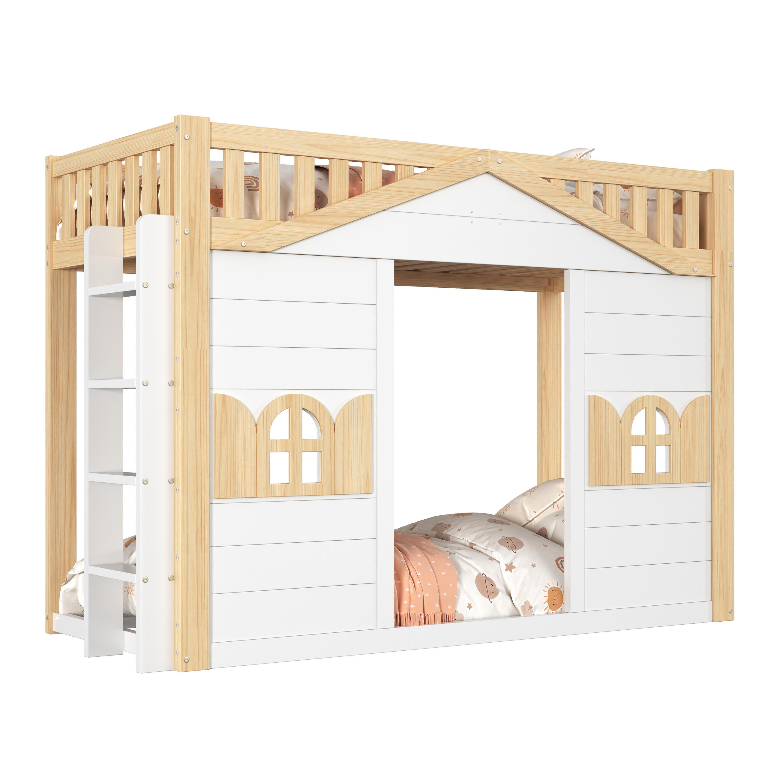 ETAGENBETT Hausbett 90x200cm Holz Kinderbett Weiß Natur - Weiß, Holz - FLIEKS