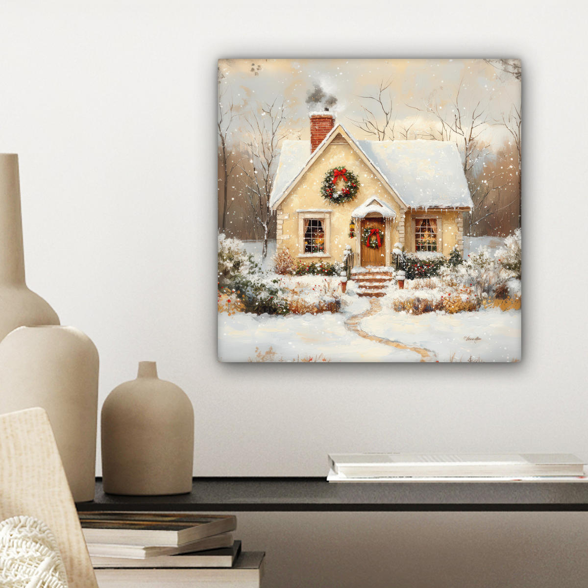 LEINWANDBILD Weihnachten - Zuhause - Winter - Schnee Deko Wohnzimmer 20x20 cm - Creme, Textil (20/20cm) - MuchoWow