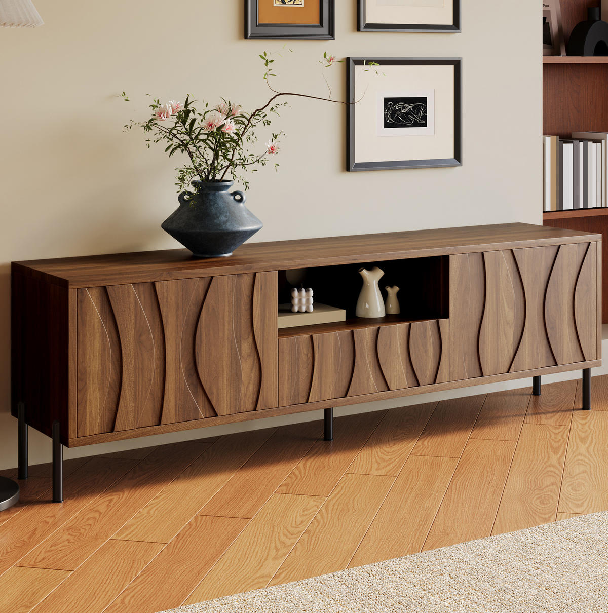 LOWBOARD 160/35/46 cm aus MDF mit wellenförmigen Türen Natur - Naturfarben, Holzwerkstoff (160/46/35cm) - Modenvie