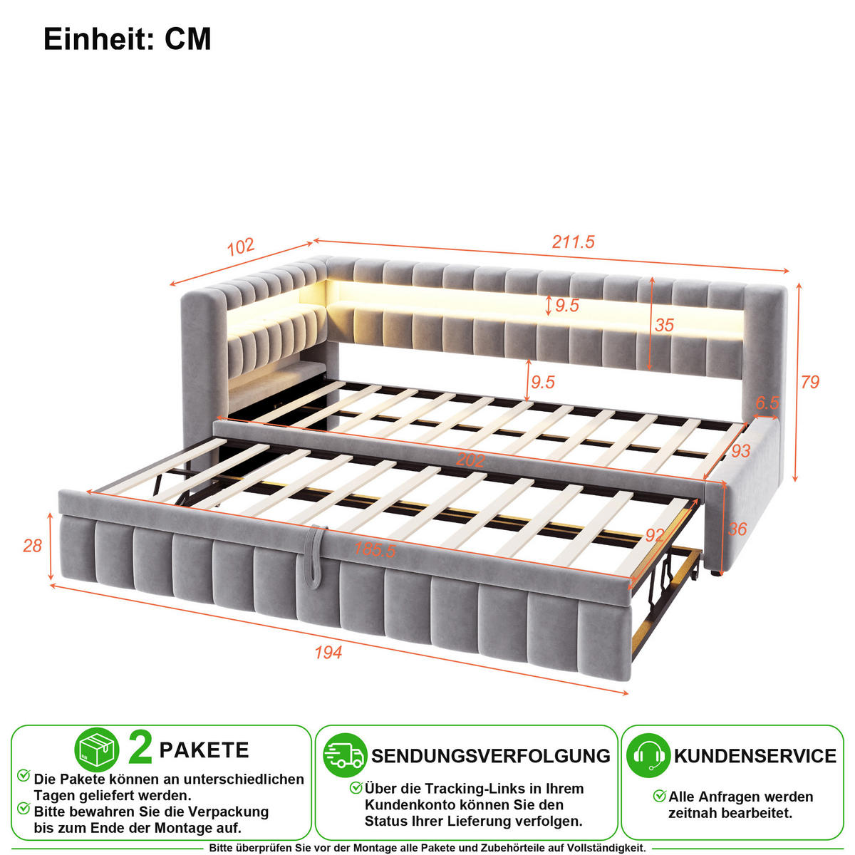 POLSTERBETT 90/200 cm in Hellgrau mit Ausziehfunktion, LED, USB-C und Ablage - Hellgrau, Holzwerkstoff/Textil (90/200cm) - CHICFURN