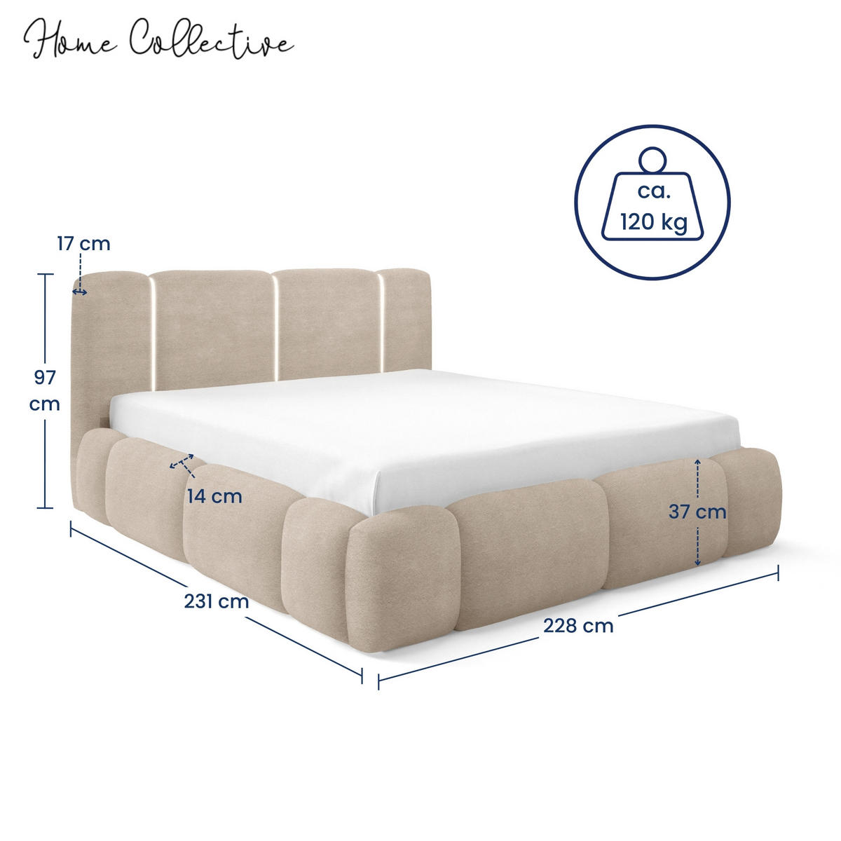POLSTERBETT mit Stauraum und LED-Beleuchtung 200x200 cm in Sandbeige - Beige, Metall (200/200cm) - Home Collective