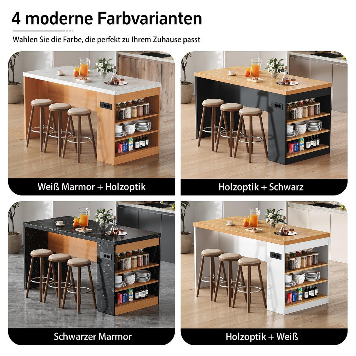 KÜCHENINSEL mit LED, 40mm Arbeitsplatte, Steckdose & USB, 3 Ablagen, 155/80/90 cm - Weiß, Kunststoff (80/90/155cm) - Rolipo