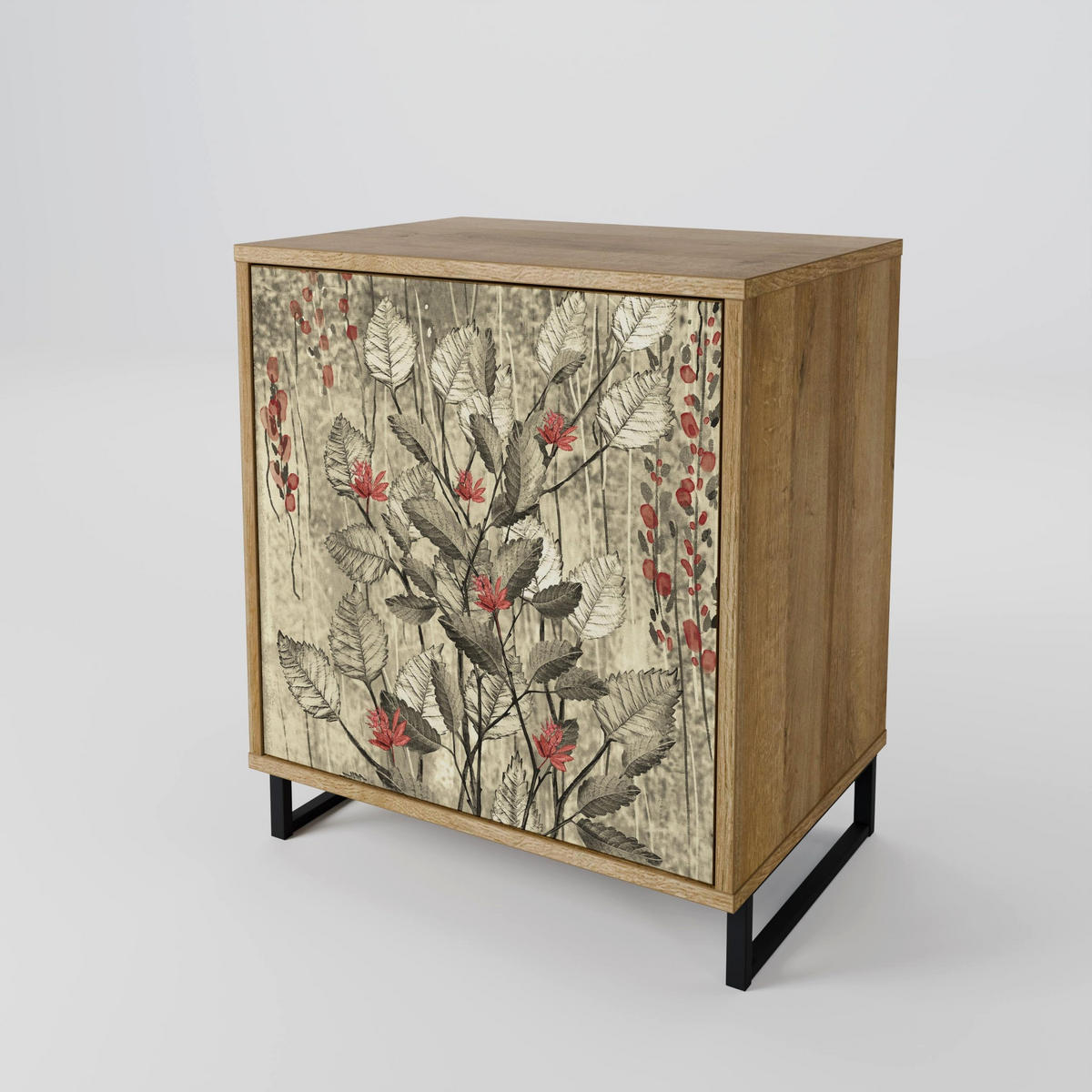 SIDEBOARD HERBAL GRACE, Eichefarben, 57,5x42x70,5 cm, Schwarze Metall-Sternfüße - Eichefarben/Multicolor, Holzwerkstoff/Metall (57.5/70.5/42cm) - SpaceRebels